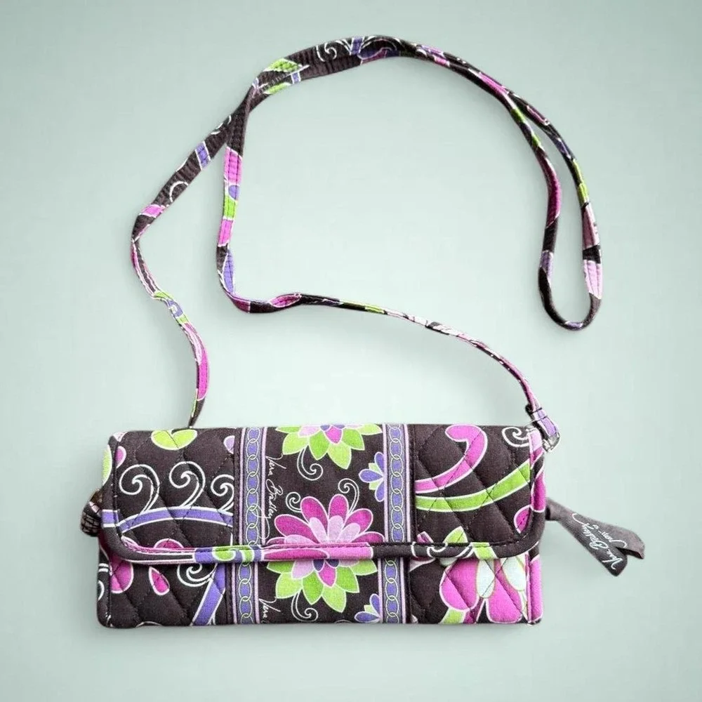 Vera Bradley Floral Quilted Crossbody Wallet Bag Brown Pink Green